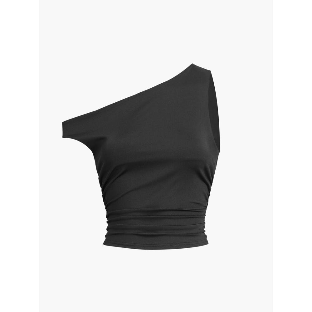 Commense Solid Casual Minimalist One Shoulder Sleeveless Top Black XS